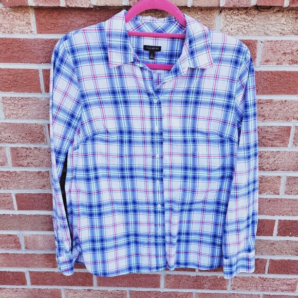 Talbots Button Up Shirt Women's Size Small Flannel Plaid Metallic Thread - Picture 1 of 6